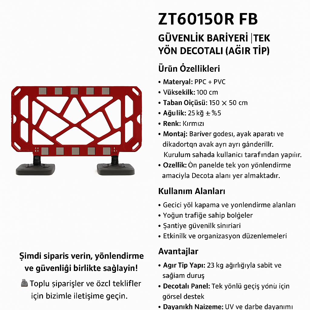ZT60150R FB – Güvenlik Bariyeri | Tek Yön Decotalı (Ağır Tip)