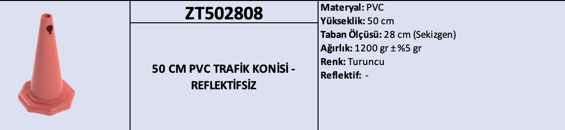 ZT502808 – 50 CM PVC Trafik Konisi | Reflektifsiz