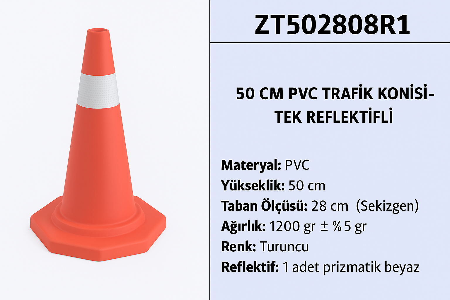 ZT502808R1 – 50 CM PVC Trafik Konisi – Tek Reflektifli