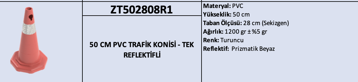 ZT502808R1 – 50 CM PVC Trafik Konisi – Tek Reflektifli