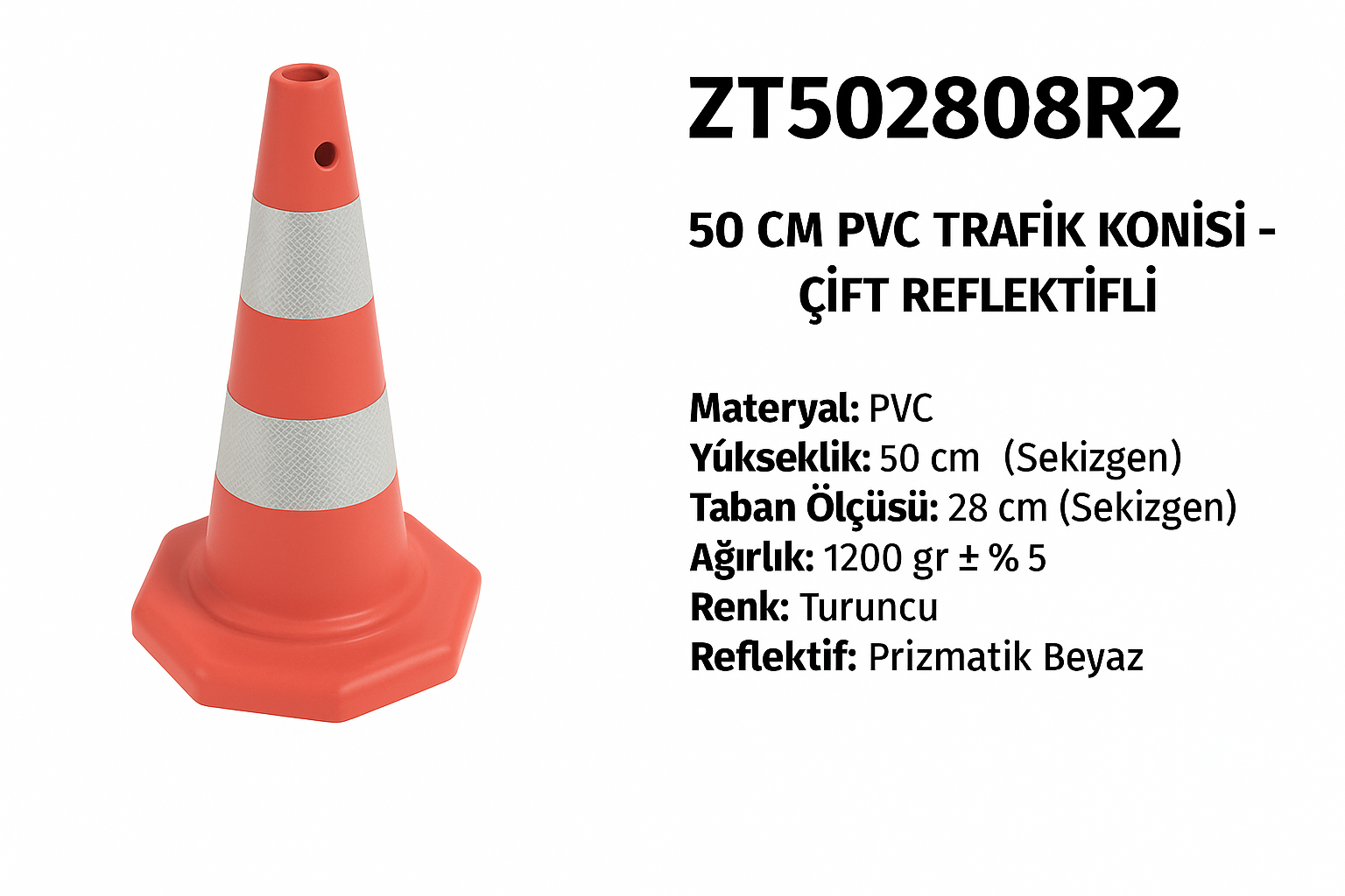 ZT502808R2 – 50 CM PVC Trafik Konisi – Çift Reflektifli