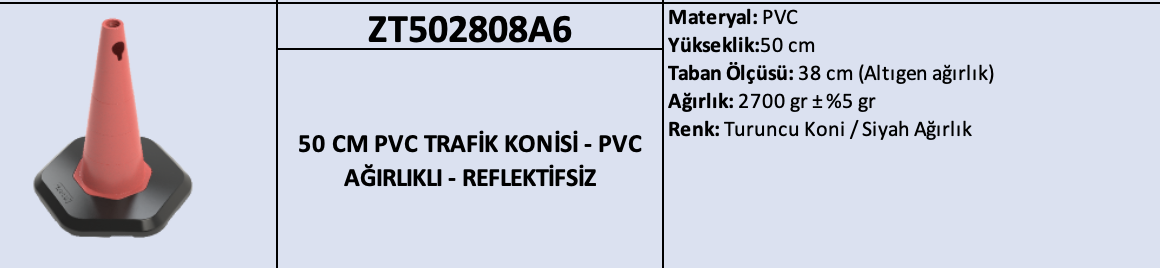 ZT502808A6 – 50 CM PVC Trafik Konisi – Ağırlıklı, Reflektifsiz