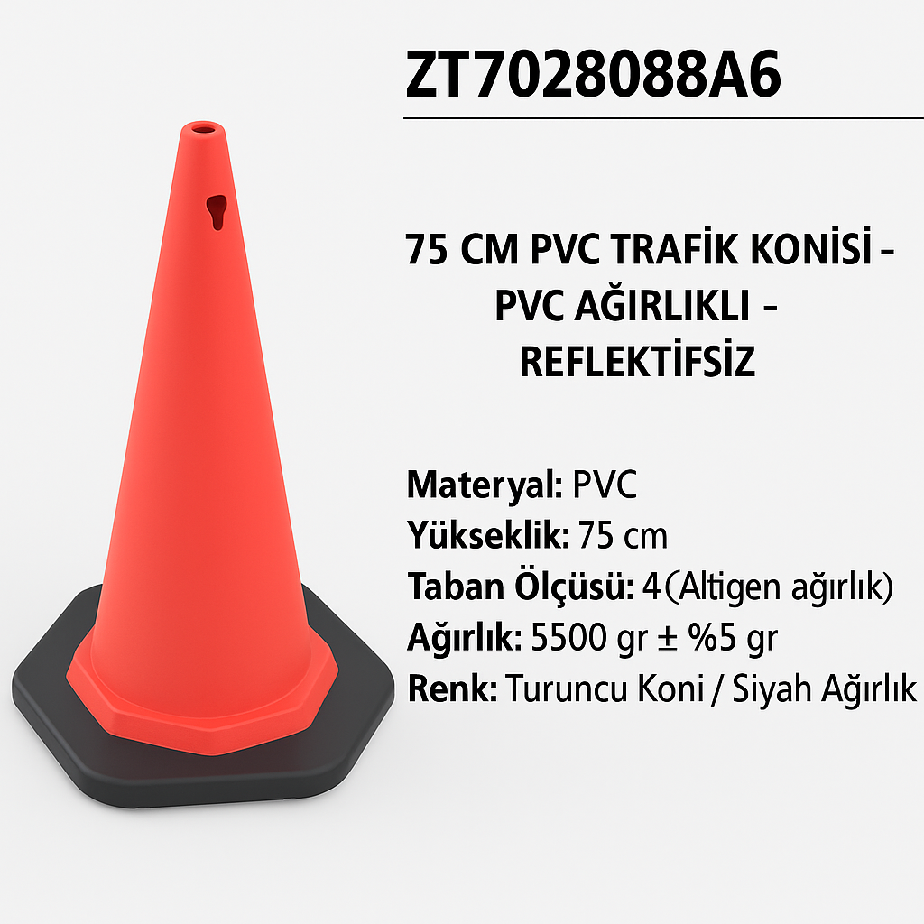 ZT702808A6 – 75 CM PVC Trafik Konisi | Ağırlıklı – Reflektifsiz