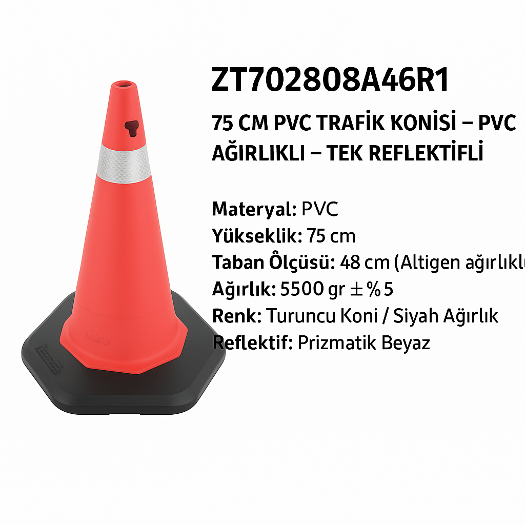 ZT702808A6R1 – 75 CM PVC Trafik Konisi | Ağırlıklı – Tek Reflektifli