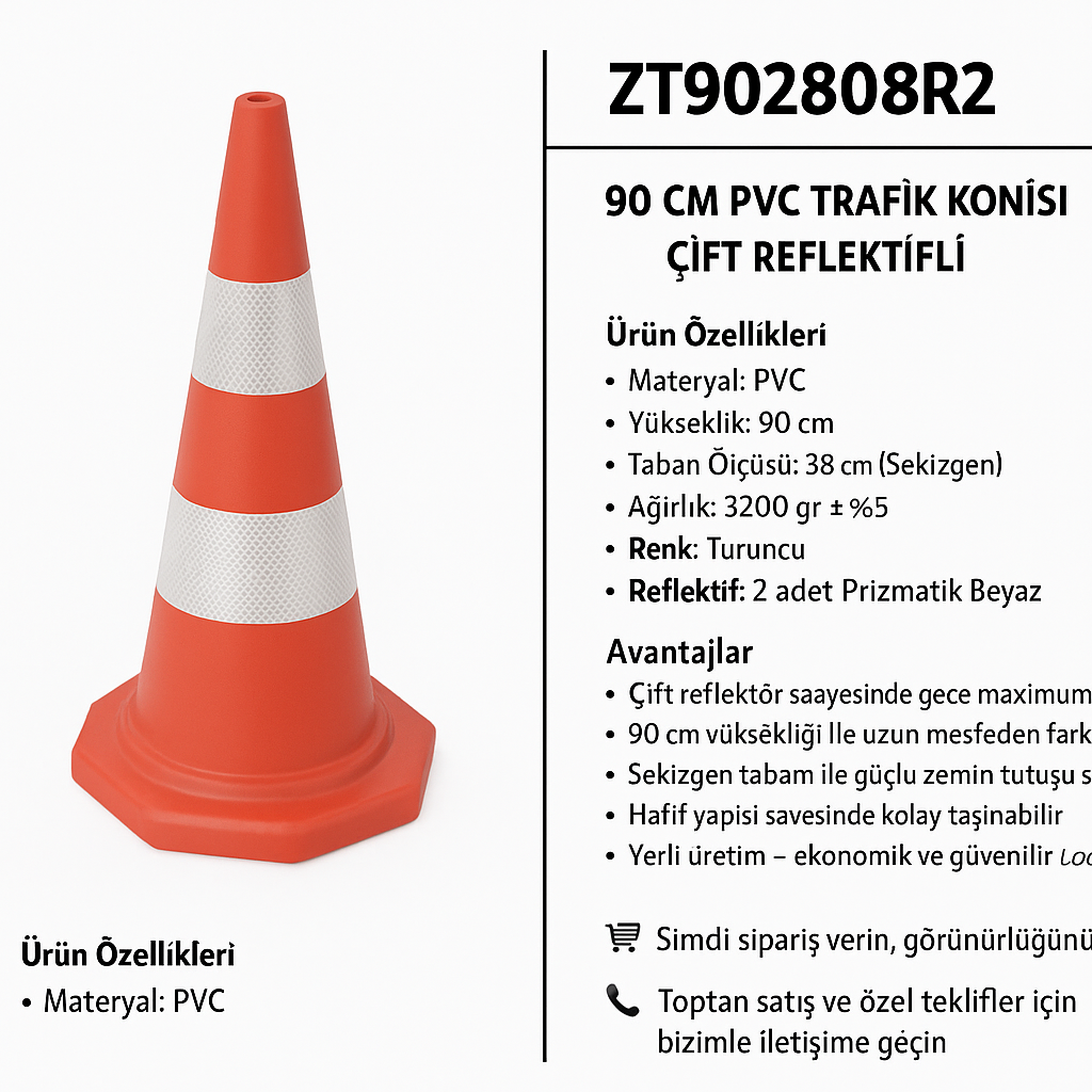 ZT902808R2 – 90 CM PVC Trafik Konisi | Çift Reflektifli