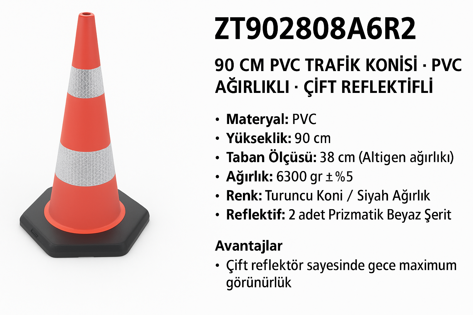 ZT902808A6R2 – 90 CM PVC Trafik Konisi | PVC Ağırlıklı – Çift Reflektifli