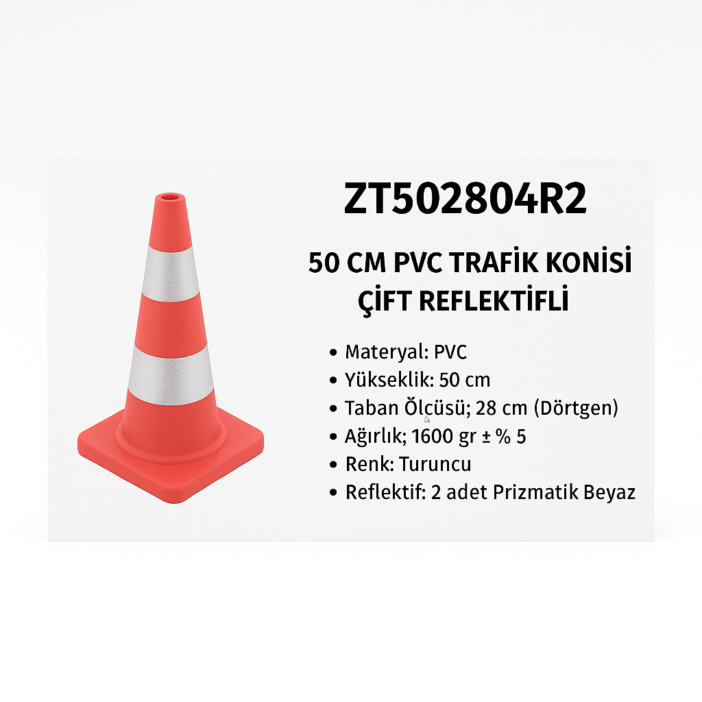 ZT502804R2 – 50 CM PVC Trafik Konisi | Çift Reflektifli
