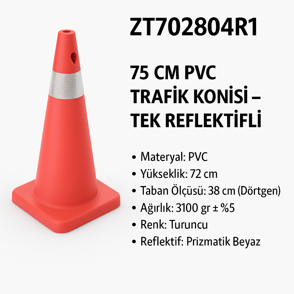 ZT702804R1 – 75 CM PVC Trafik Konisi | Tek Reflektifli