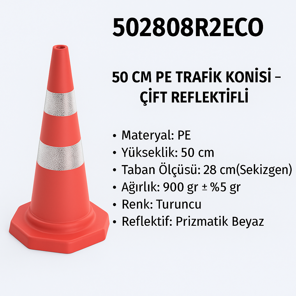 502808R2ECO – 50 CM PE Trafik Konisi | Çift Reflektifli