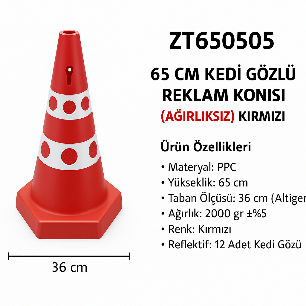 ZT650505 – 65 CM Kedi Gözlü Reklam Konisi | Ağırlıksız – Kırmızı