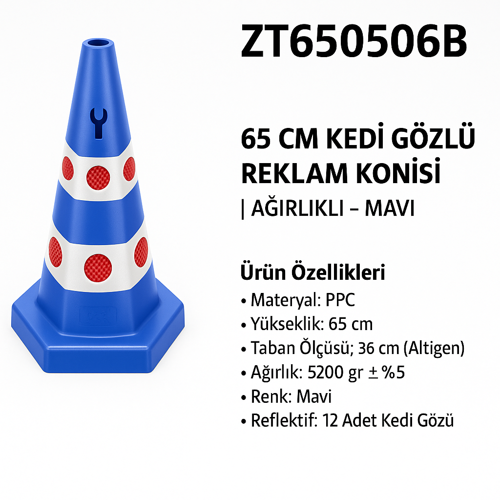 ZT650506B – 65 CM Kedi Gözlü Reklam Konisi | Ağırlıklı – Mavi
