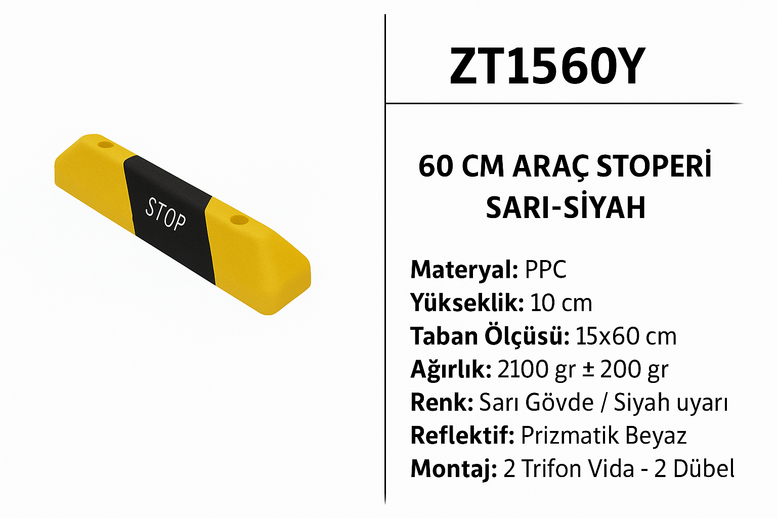 ZT1560Y – 60 CM Araç Stoperi | Sarı-Siyah