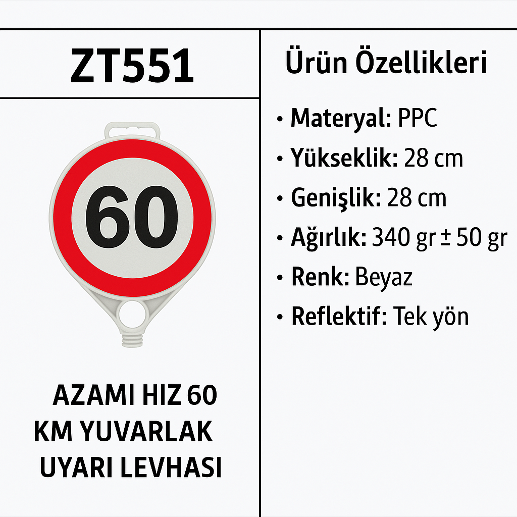 ZT551 – Azami Hız 60 KM Yuvarlak Uyarı Levhası