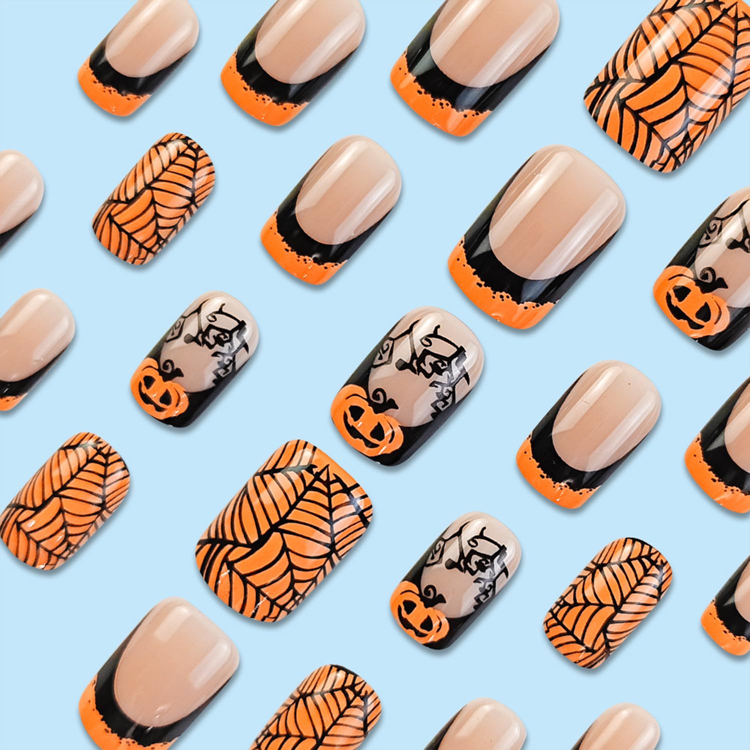 Spooky Orange & Black French Tip Halloween Press-On Nails - Glossy Acrylic Day of the Dead Nails