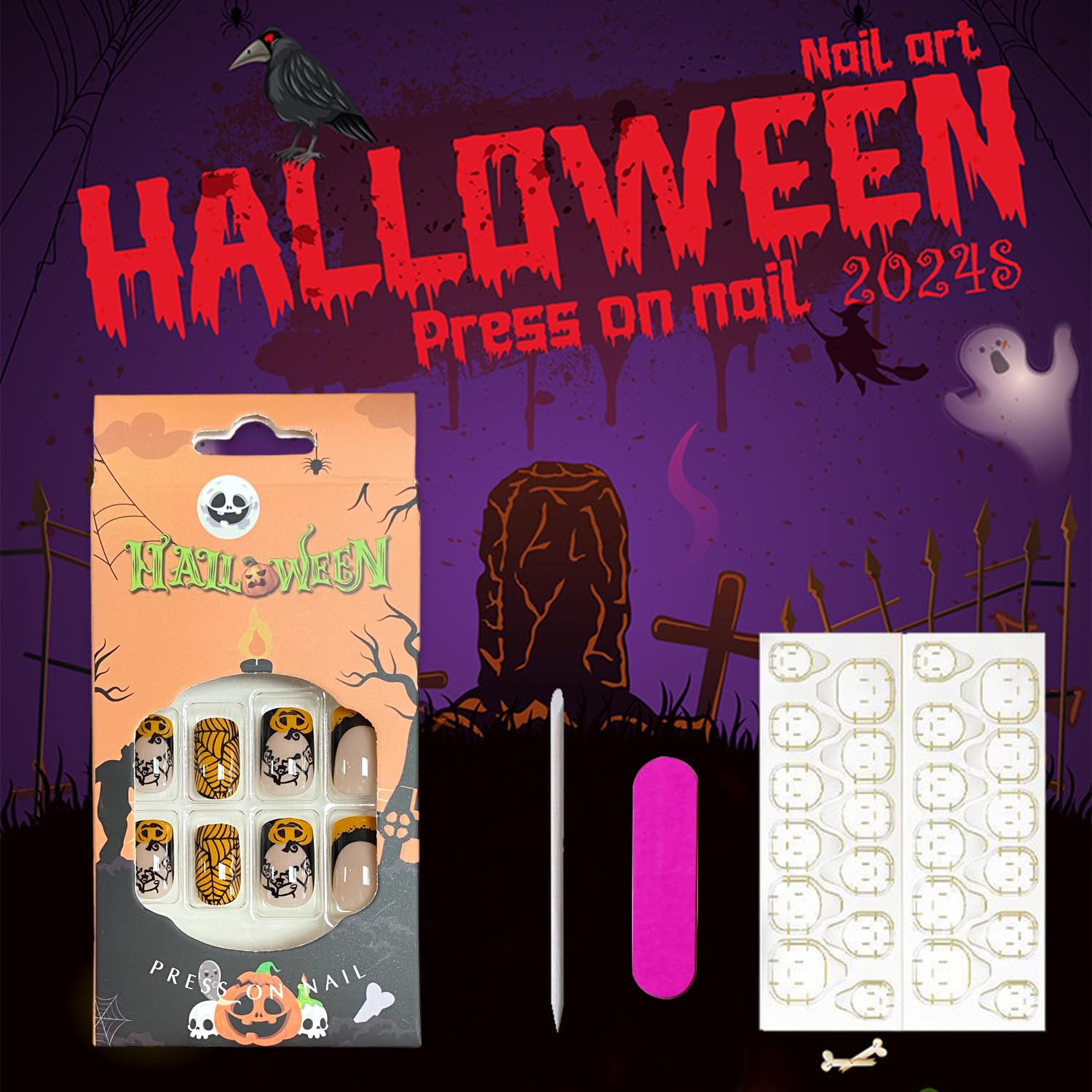 Spooky Orange & Black French Tip Halloween Press-On Nails - Glossy Acrylic Day of the Dead Nails