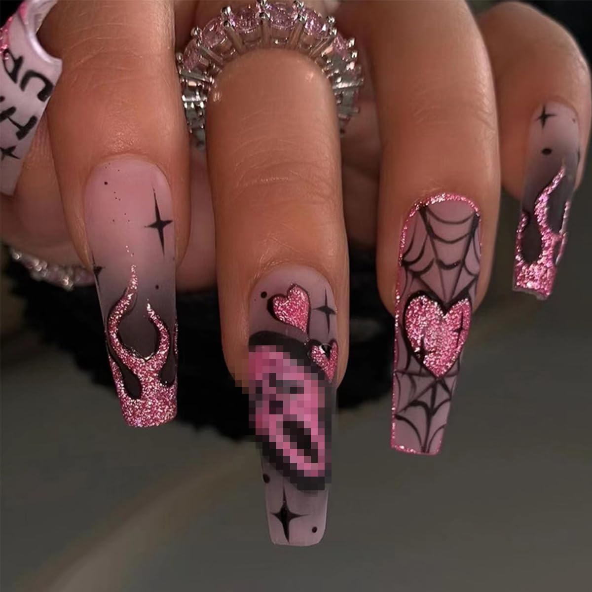 Spooky & Stylish: Halloween Long Coffin Press-On Nails with Pink Glitter & Cute Designs