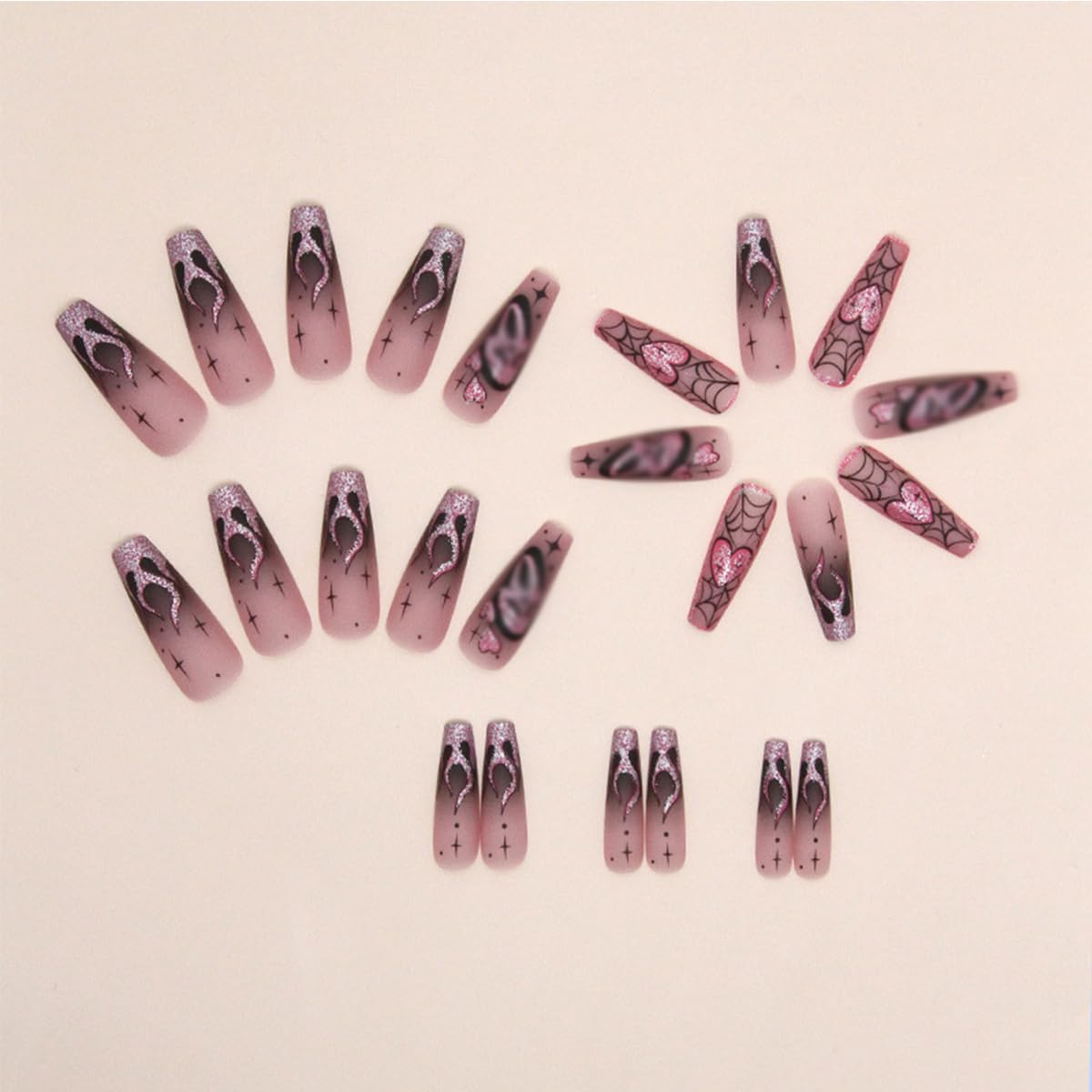 Spooky & Stylish: Halloween Long Coffin Press-On Nails with Pink Glitter & Cute Designs