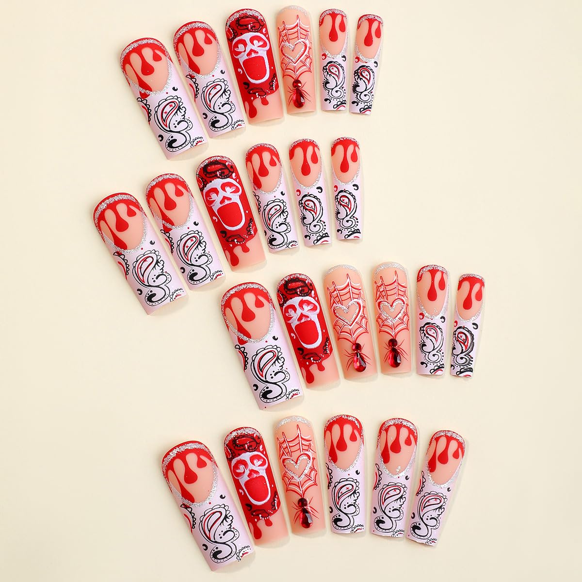 24Pcs Halloween Press-On Nails - Long Coffin Glossy Full Cover Acrylic Nails