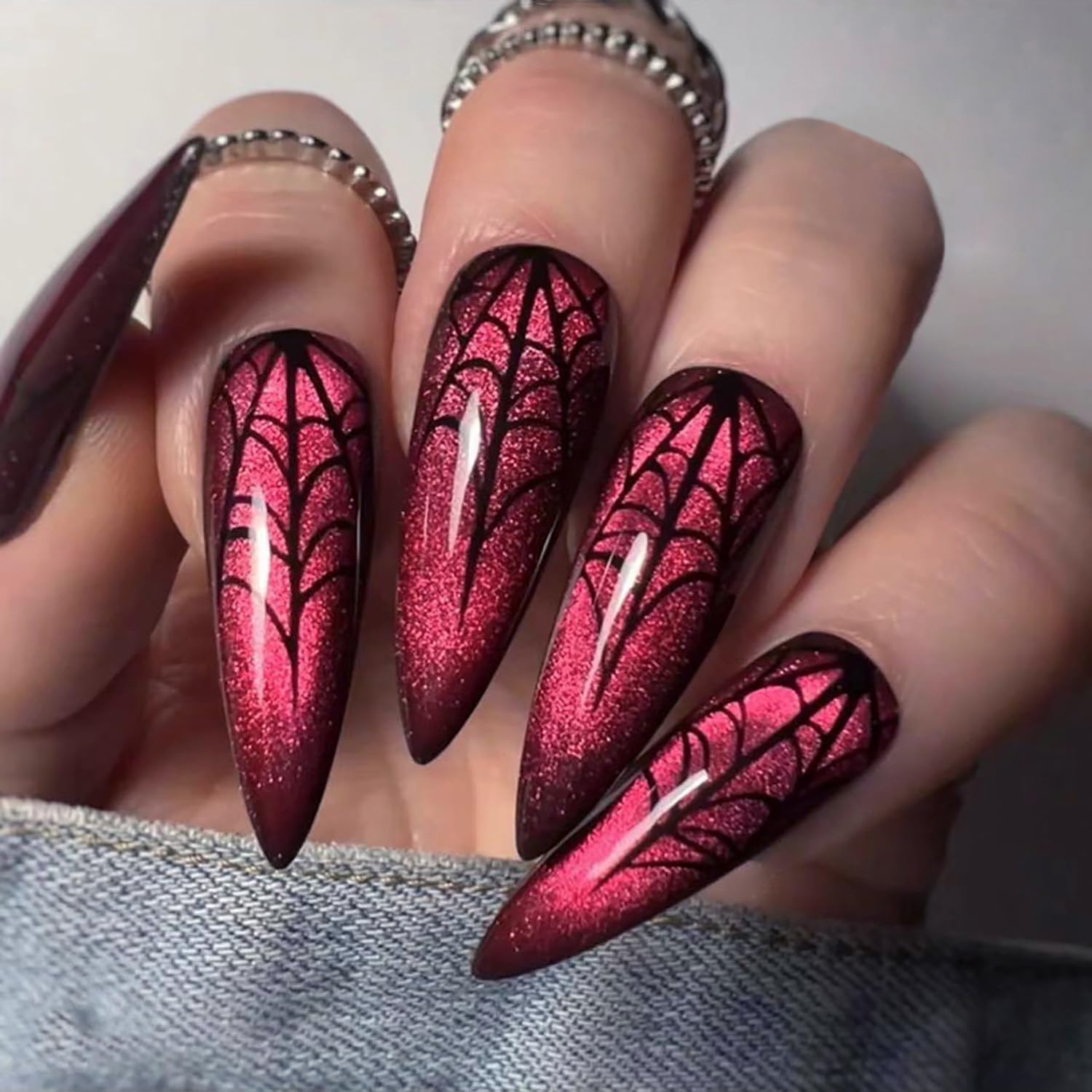 24Pcs Halloween Press-On Nails Long Stiletto Fake Nails – Spider Web & Bloody Drop Design