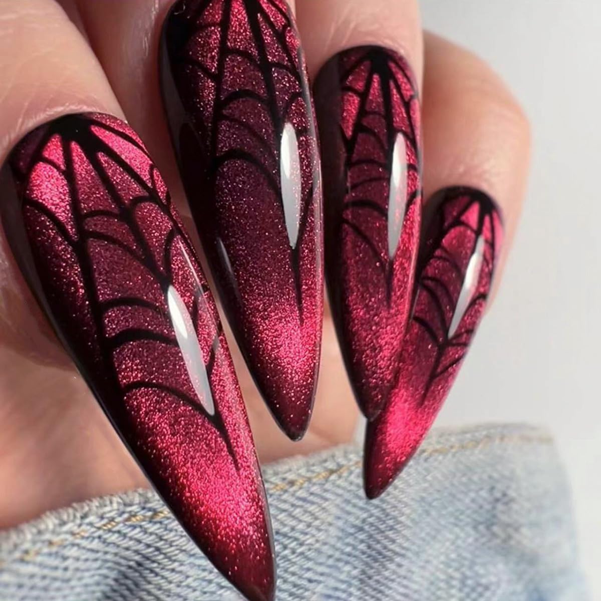 24Pcs Halloween Press-On Nails Long Stiletto Fake Nails – Spider Web & Bloody Drop Design