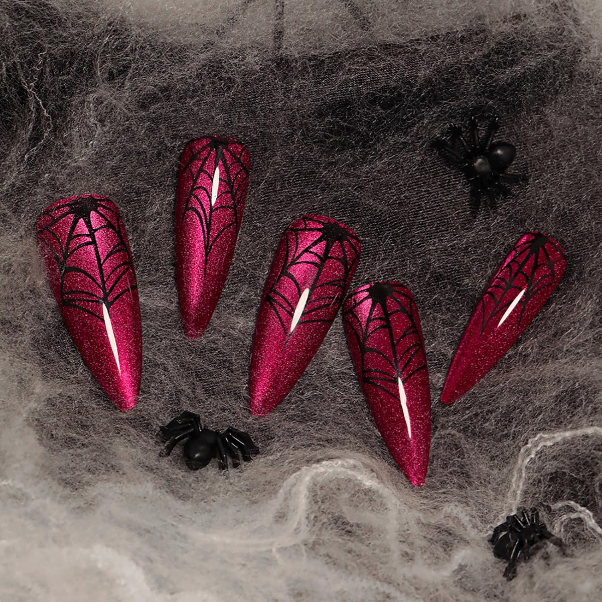 24Pcs Halloween Press-On Nails Long Stiletto Fake Nails – Spider Web & Bloody Drop Design