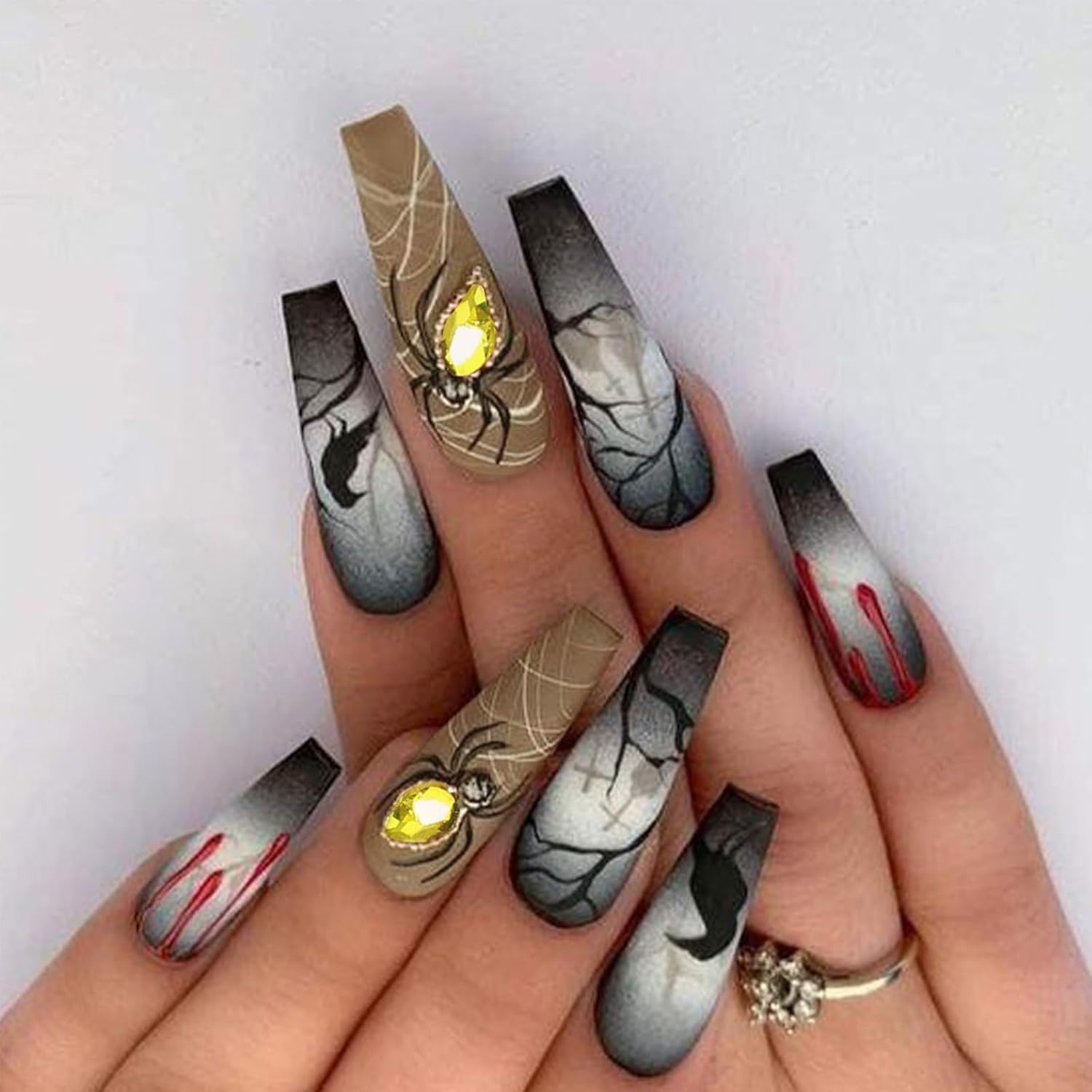 Halloween Press-On Nails – Medium Long Gothic Nails with Spider Rhinestones & Blood Drop Designs