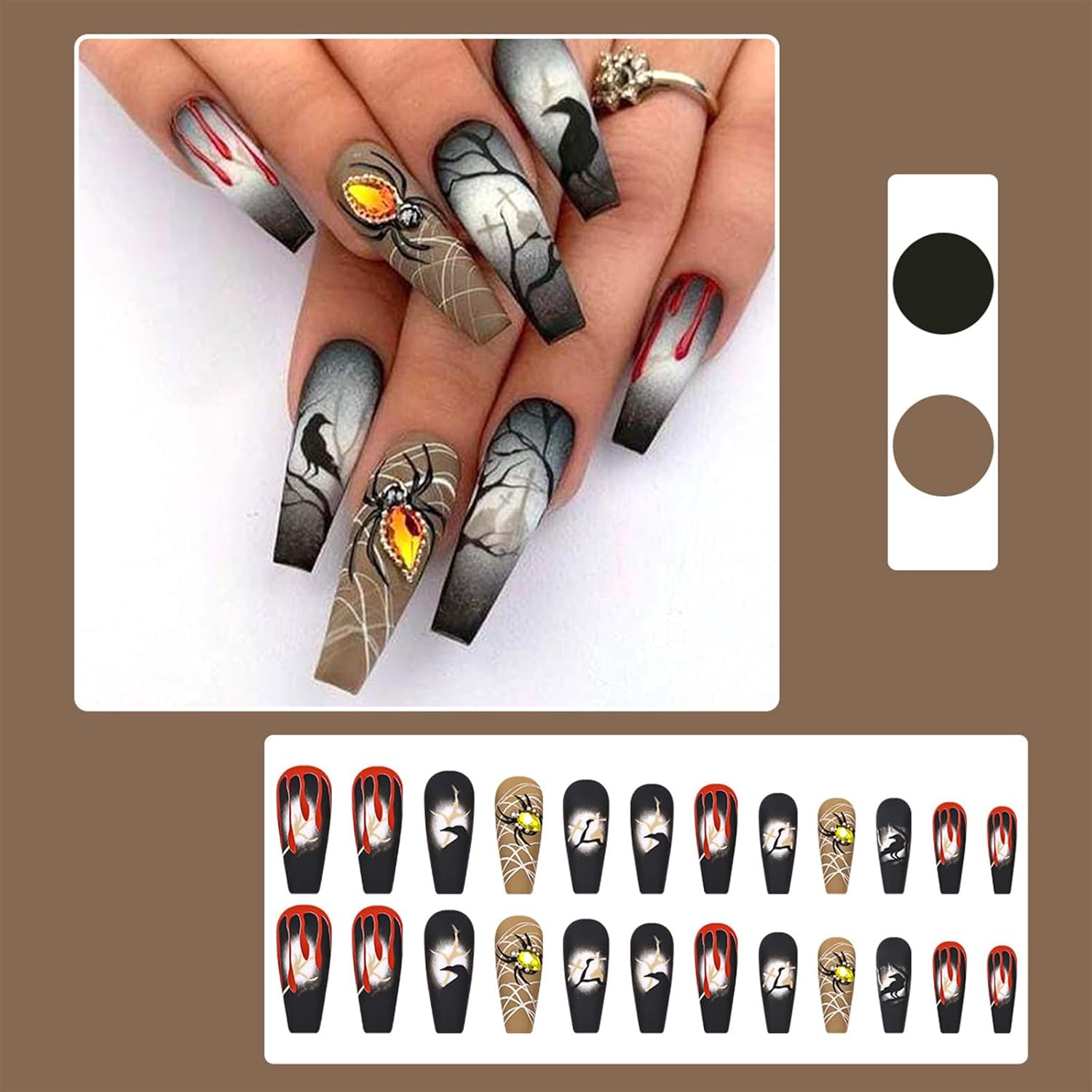 Halloween Press-On Nails – Medium Long Gothic Nails with Spider Rhinestones & Blood Drop Designs