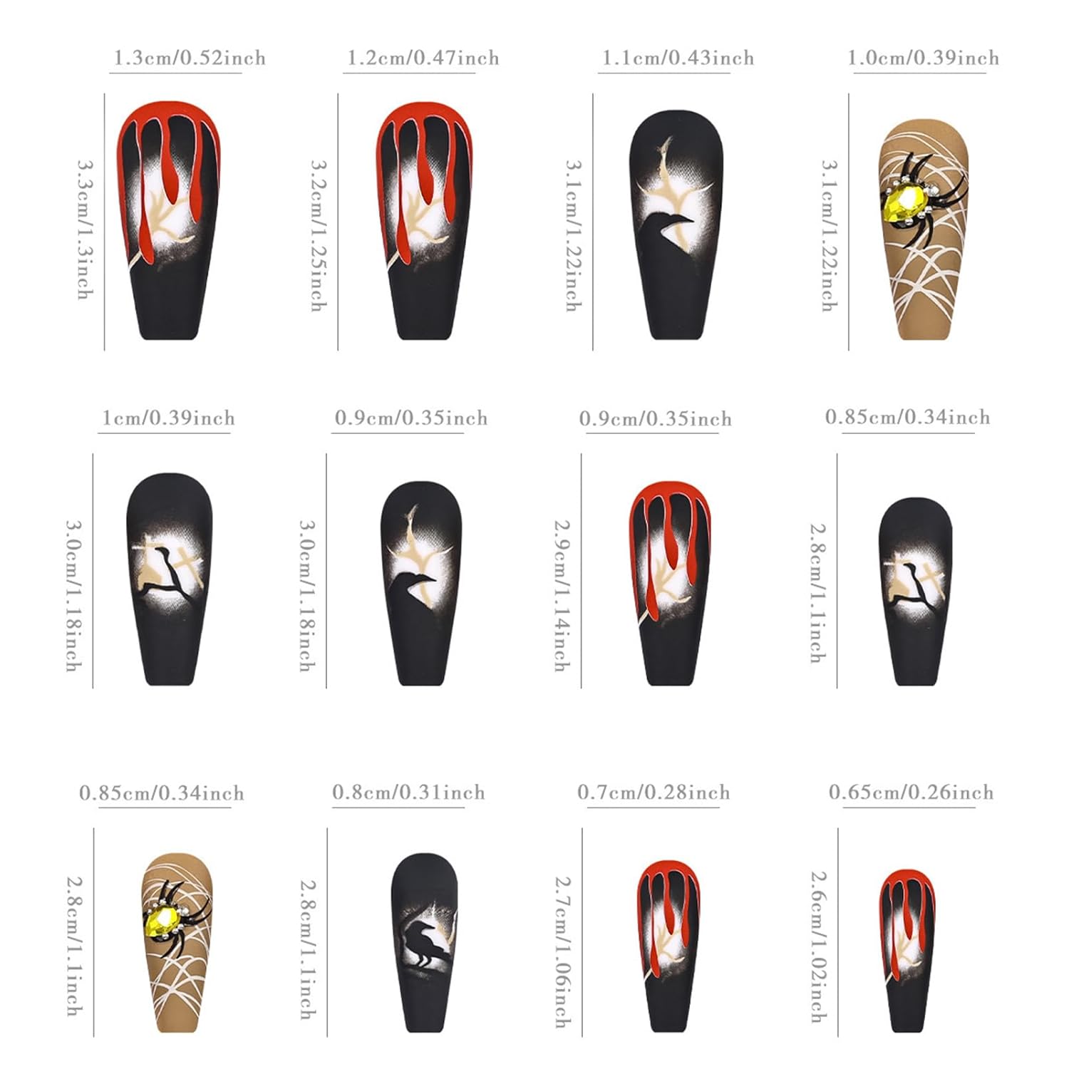 Halloween Press-On Nails – Medium Long Gothic Nails with Spider Rhinestones & Blood Drop Designs