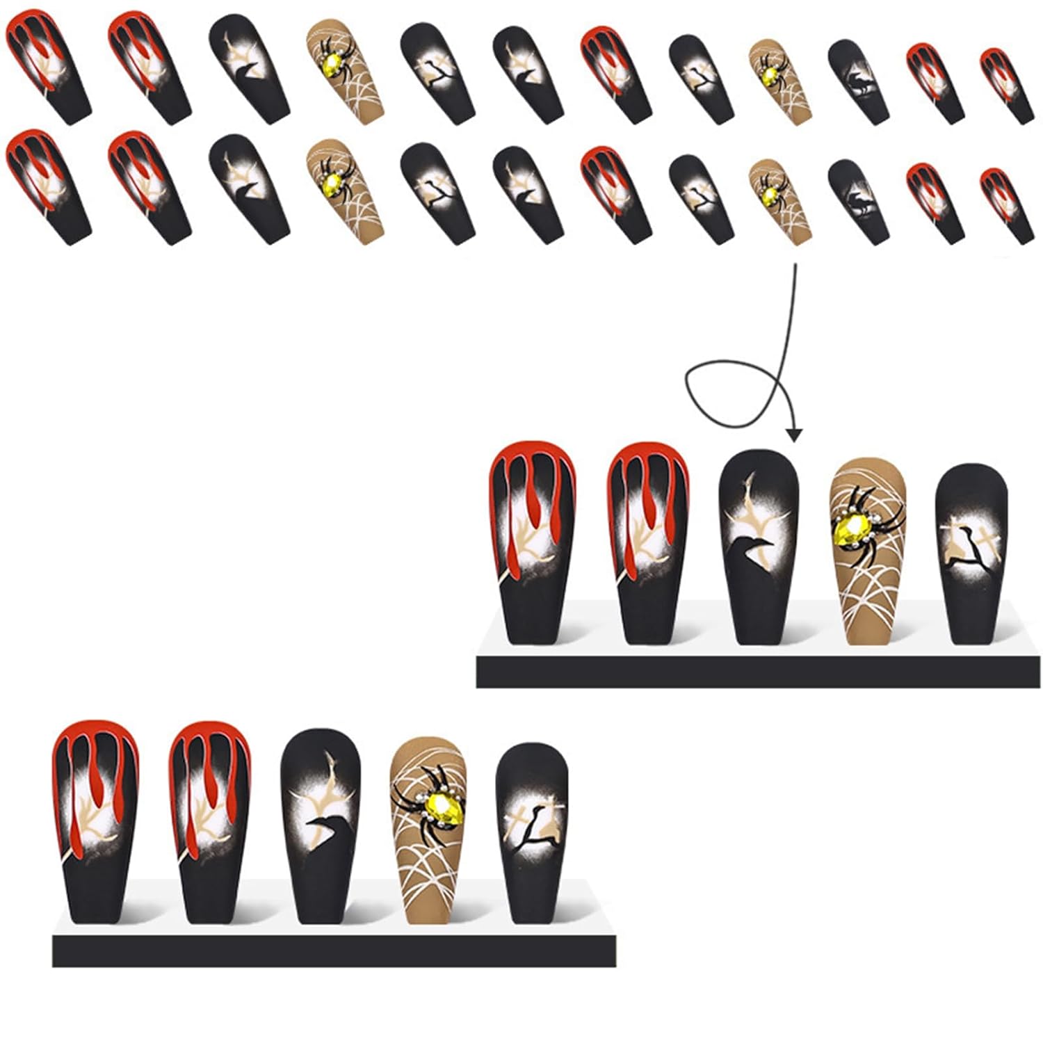 Halloween Press-On Nails – Medium Long Gothic Nails with Spider Rhinestones & Blood Drop Designs