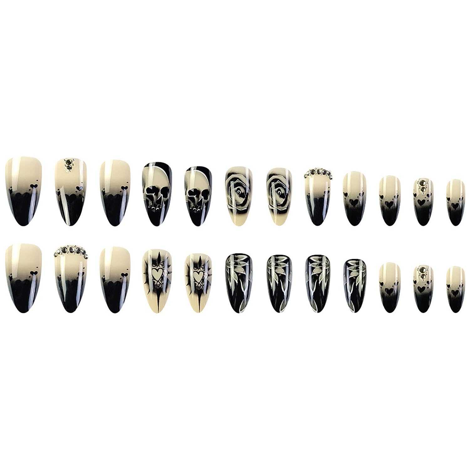Halloween Press-On Nails – Medium Square French Fake Nails with Black Gradient, Skull, Rose, and Rhinestone Designs (24 Pcs)