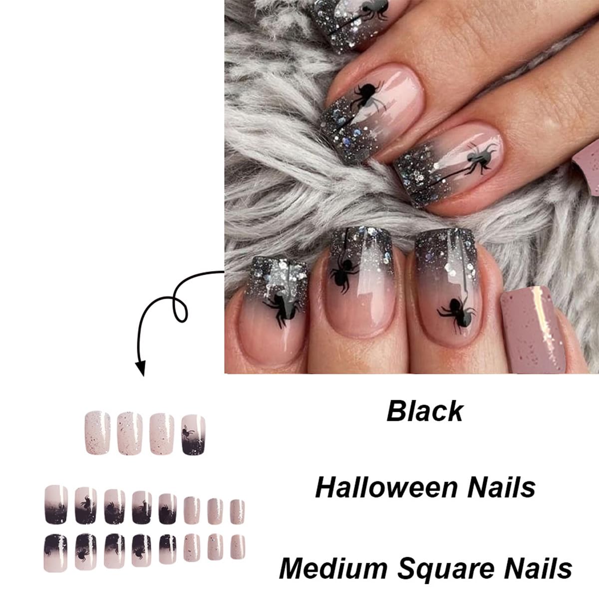 Halloween Press-On Nails – 24Pcs Short Square Spider Fake Nails with Glitter Designs