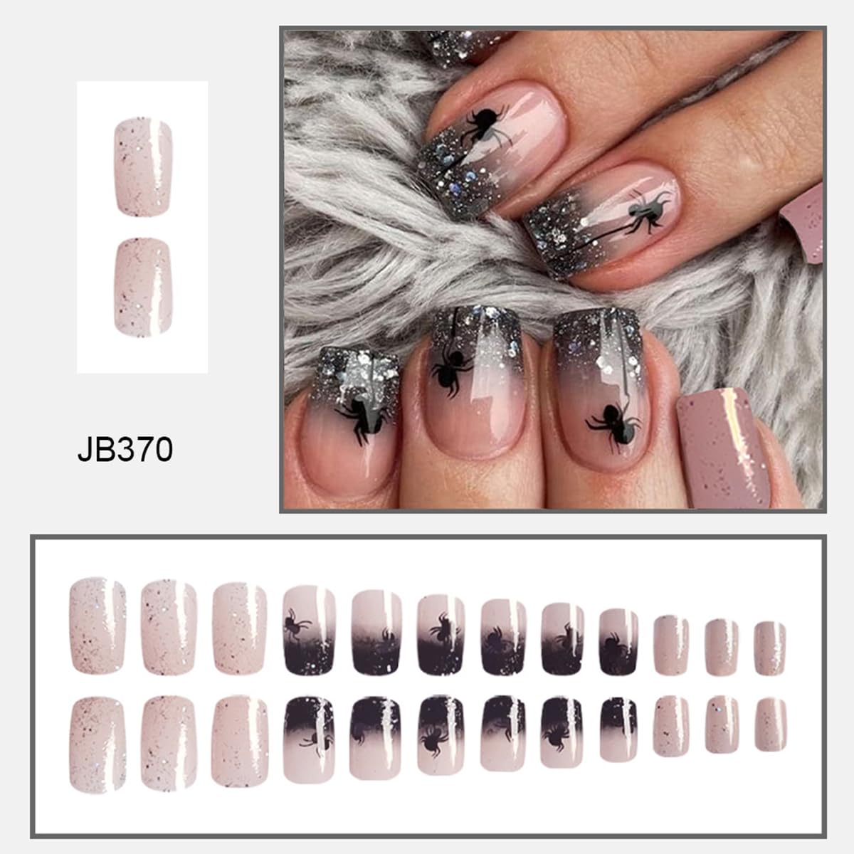 Halloween Press-On Nails – 24Pcs Short Square Spider Fake Nails with Glitter Designs