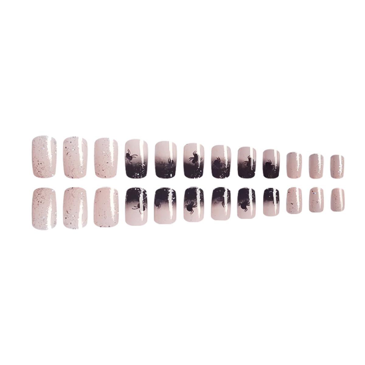 Halloween Press-On Nails – 24Pcs Short Square Spider Fake Nails with Glitter Designs