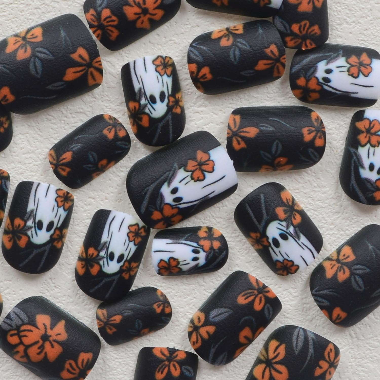 Halloween Yellow Flowers Press-On Nails - Cute Ghost Design, Black Matte Full Cover Artificial Nails for Women - 24Pcs