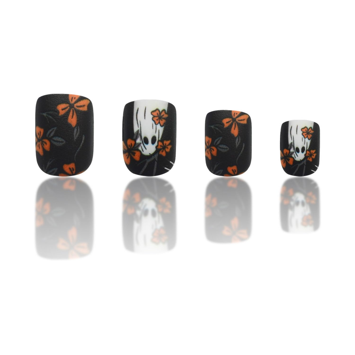 Halloween Yellow Flowers Press-On Nails - Cute Ghost Design, Black Matte Full Cover Artificial Nails for Women - 24Pcs