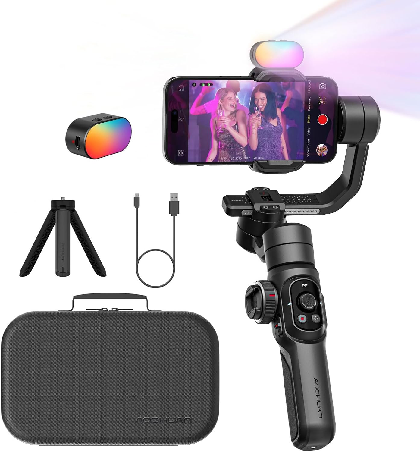Gimbal Stabilizer for Smartphone with 8" Extension Rod, RGB Magnetic Fill Light, and 3-Axis Professional Stability – Aochuan Smart S2 Kit