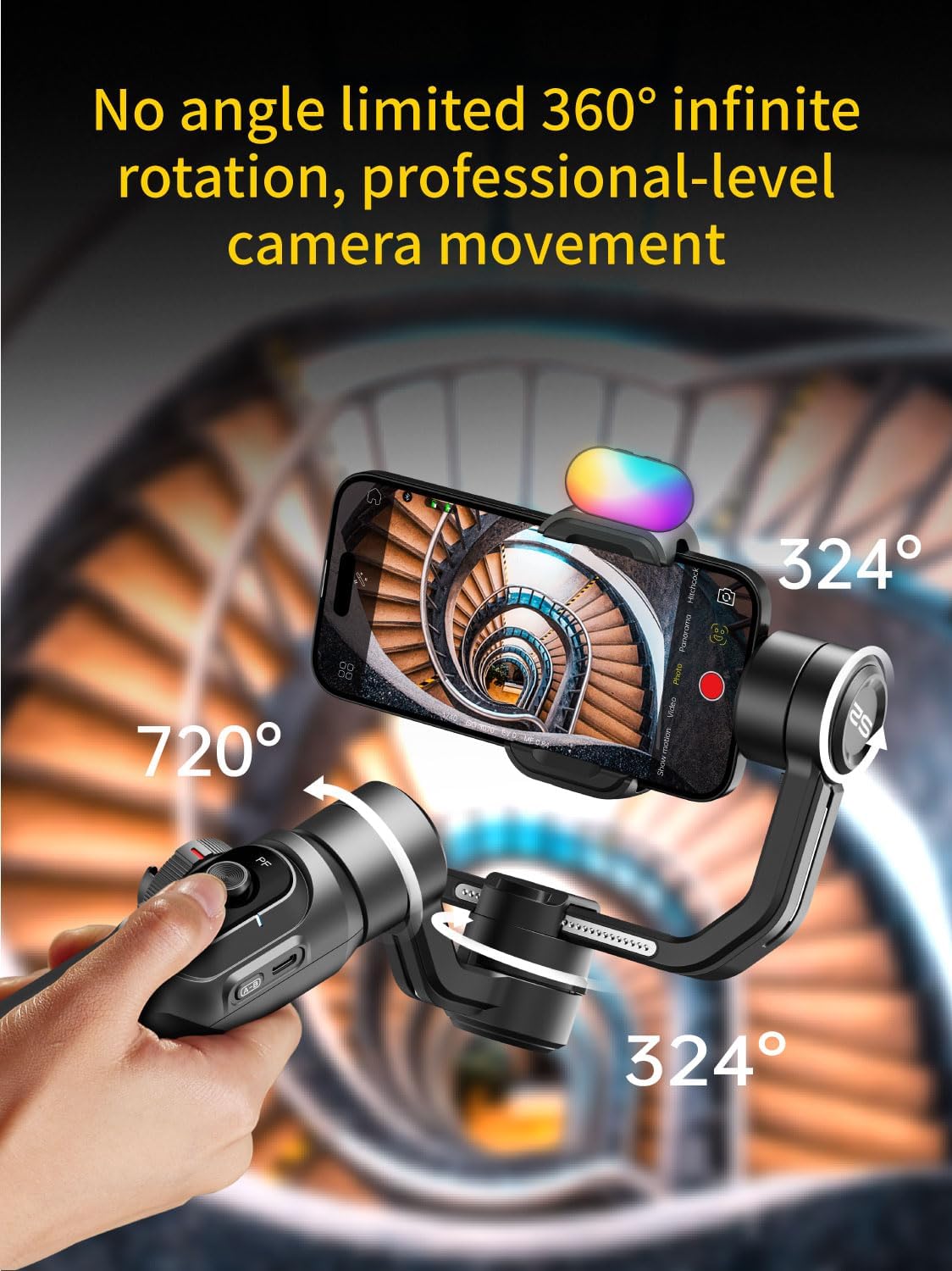 Gimbal Stabilizer for Smartphone with 8" Extension Rod, RGB Magnetic Fill Light, and 3-Axis Professional Stability – Aochuan Smart S2 Kit