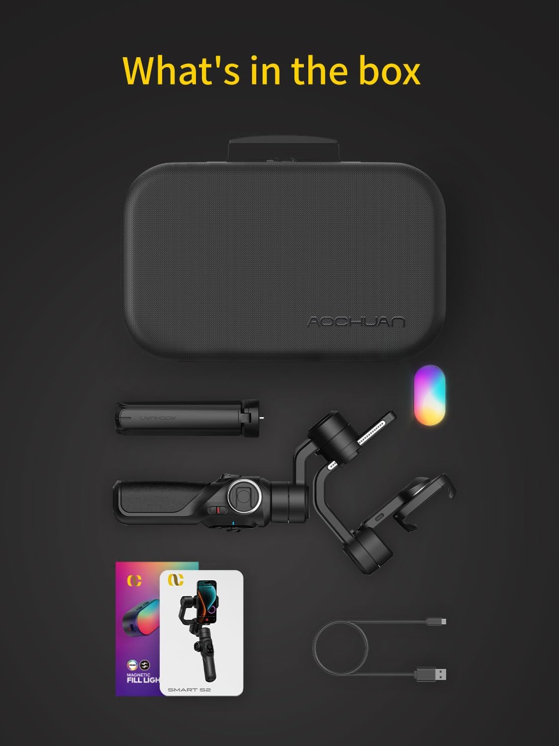 Gimbal Stabilizer for Smartphone with 8" Extension Rod, RGB Magnetic Fill Light, and 3-Axis Professional Stability – Aochuan Smart S2 Kit