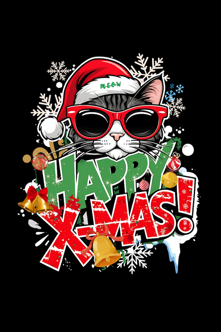 Happy X-mas Funky Cat Santa Hat Graffiti Christmas