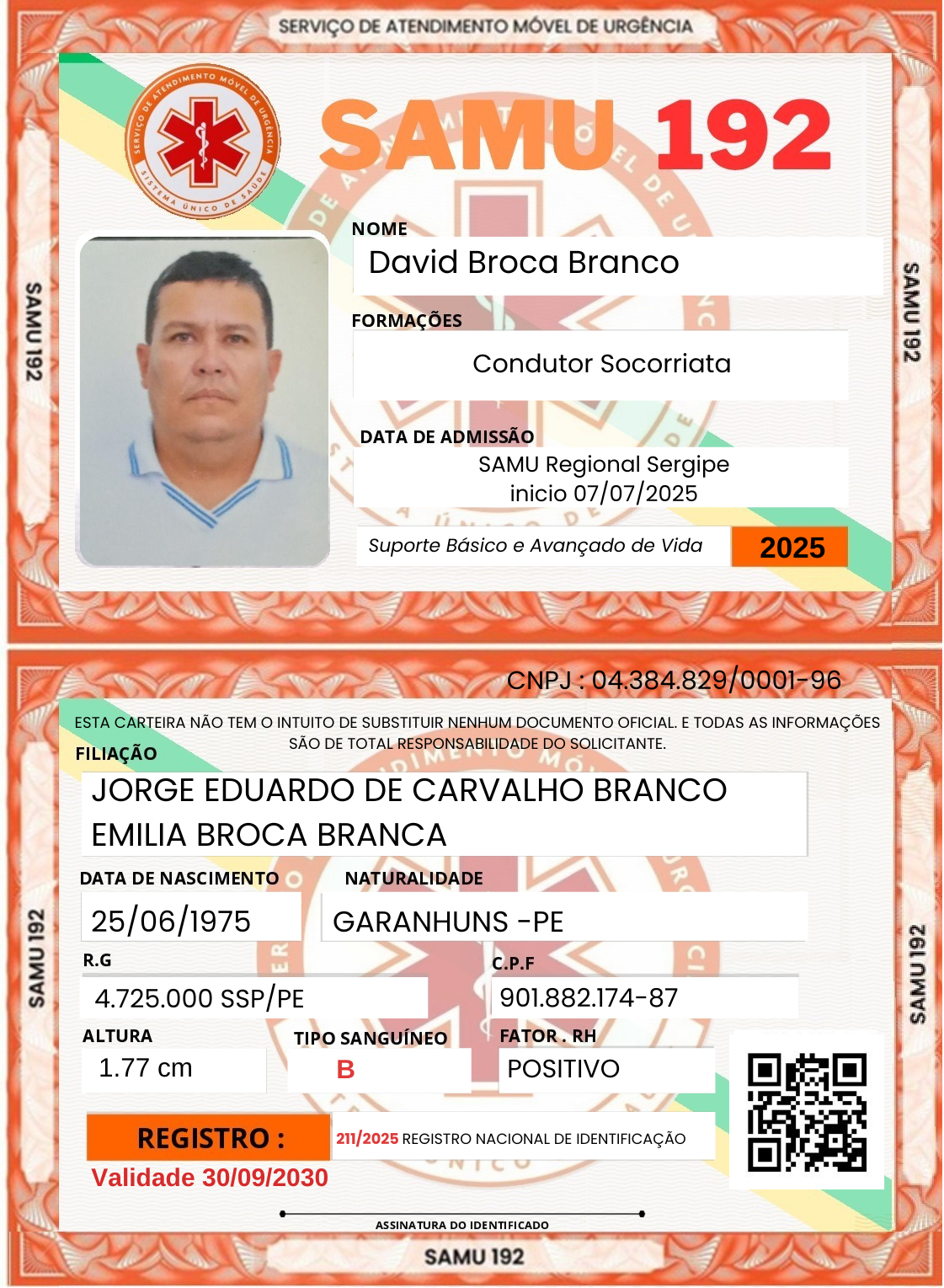 Carteira de Identificação SAMU 192