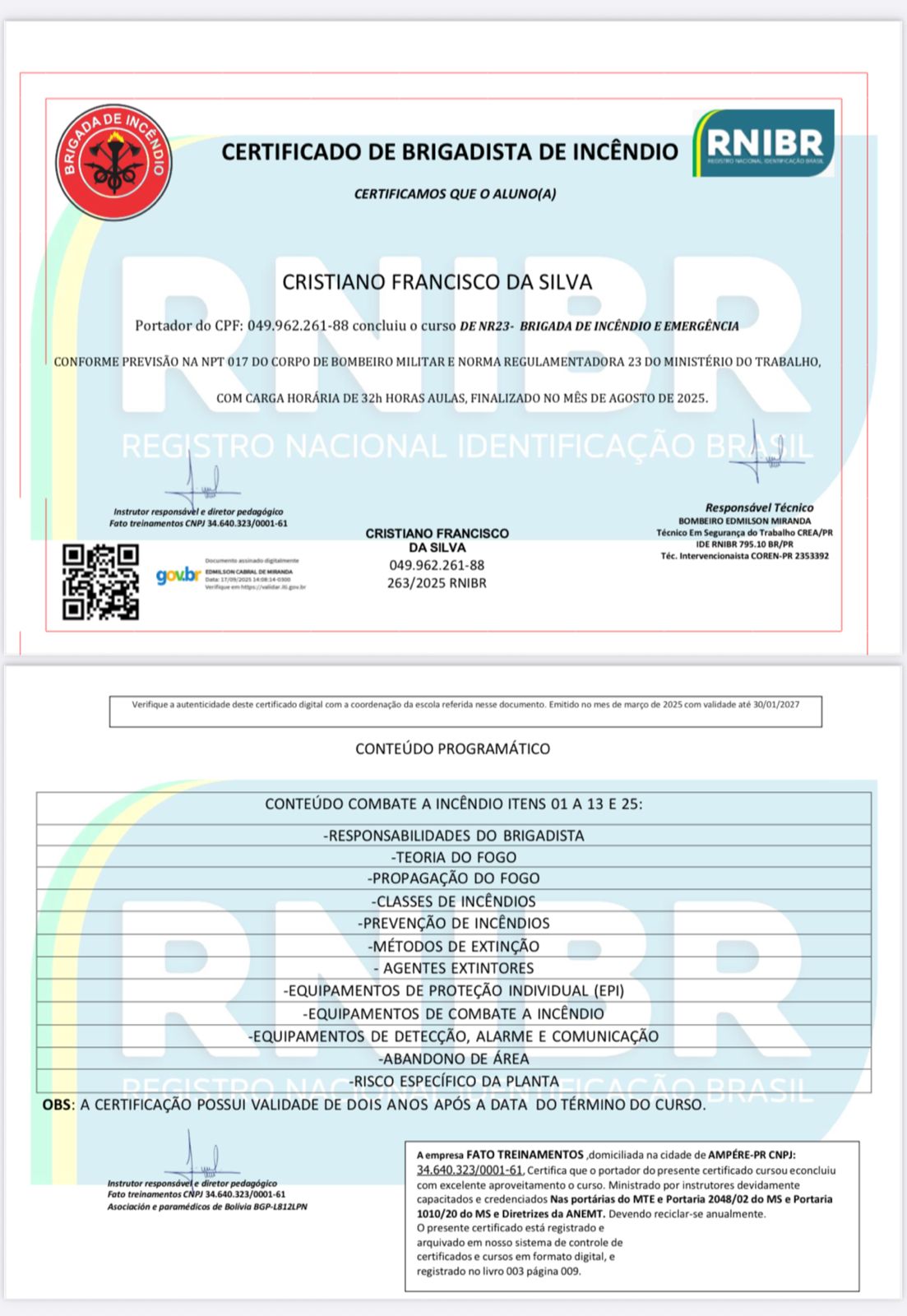 018 /2025 Certificado de Brigadista de Incêndio