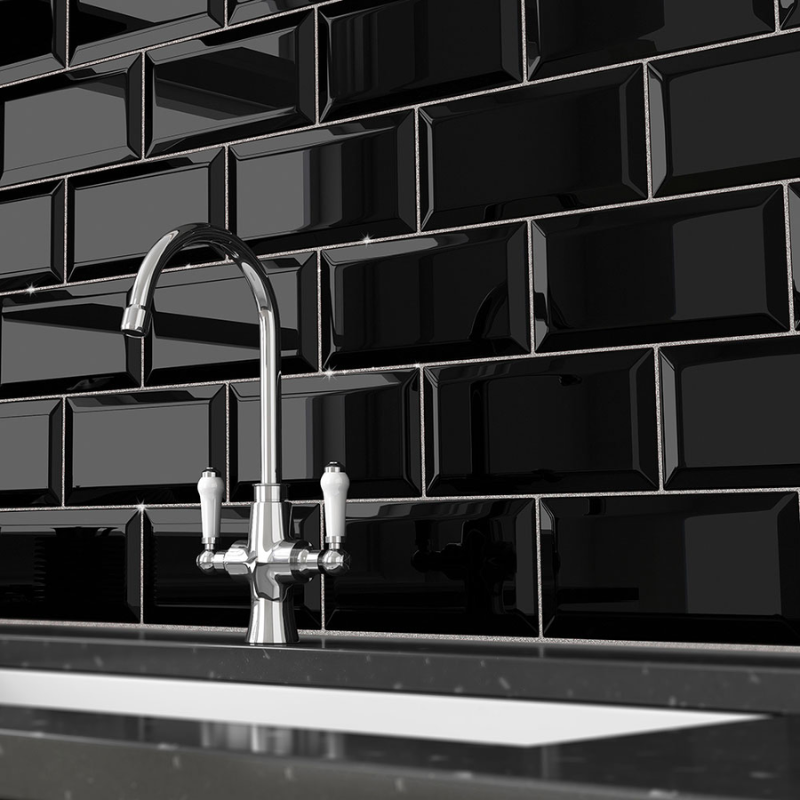 Diamond Negro, Azulejo Biselado, 10x20, Brillante