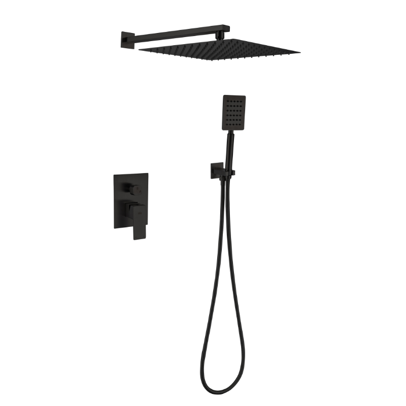 Trento, Mezcladora Empotrada con Cabeza de Ducha Cuadra y Teléfono, Negro Mate, Imke