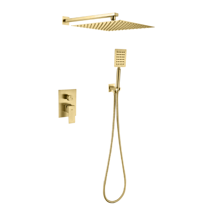 Trento, Mezcladora Empotrada con Cabeza de Ducha Cuadra y Teléfono, Oro Cepillado, Imke