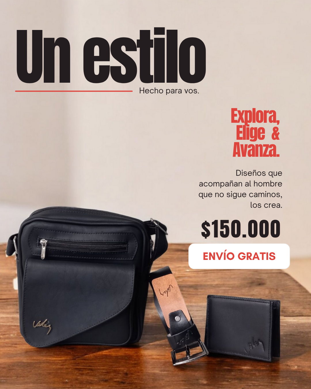 Bolso, cinturón y cartera de cuero