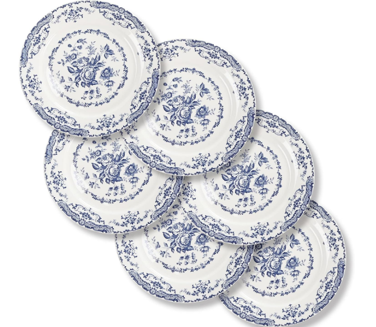 Salad Plates, Ceramic Plates Set of 6, Kitchen Plates Microwave Safe Plates, 8 Inch White Plates Dessert Plates Blue Floral Plates Porcelain Plates