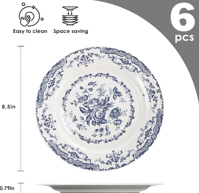 Salad Plates, Ceramic Plates Set of 6, Kitchen Plates Microwave Safe Plates, 8 Inch White Plates Dessert Plates Blue Floral Plates Porcelain Plates