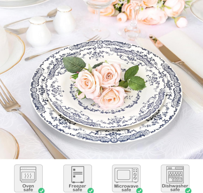 Salad Plates, Ceramic Plates Set of 6, Kitchen Plates Microwave Safe Plates, 8 Inch White Plates Dessert Plates Blue Floral Plates Porcelain Plates