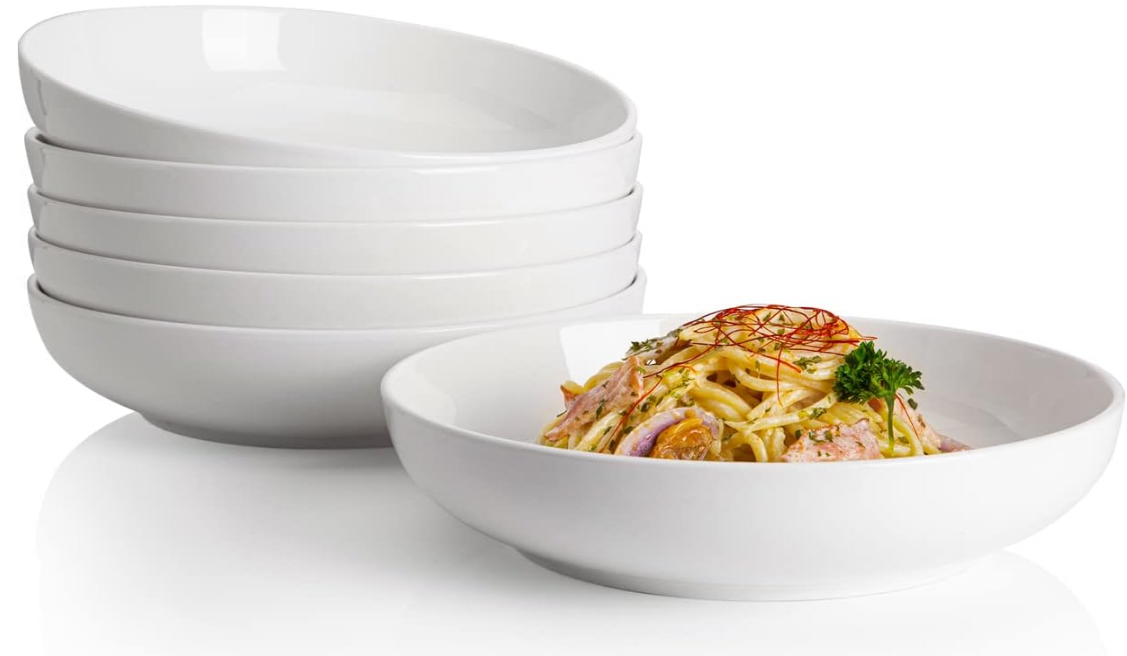 Pasta Bowls, 22 Ounce Salad White Serving Bowls Set of 6, 7.6 Inch Porcelain Plates for Serving Dinner, Salad - Microwave Dishwasher Safe