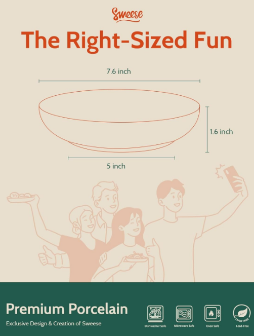 Pasta Bowls, 22 Ounce Salad White Serving Bowls Set of 6, 7.6 Inch Porcelain Plates for Serving Dinner, Salad - Microwave Dishwasher Safe